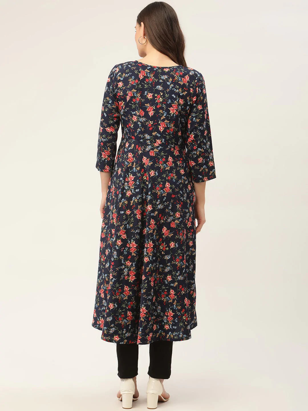 Women's Navy Blue Flared Printed kurta - Taantav