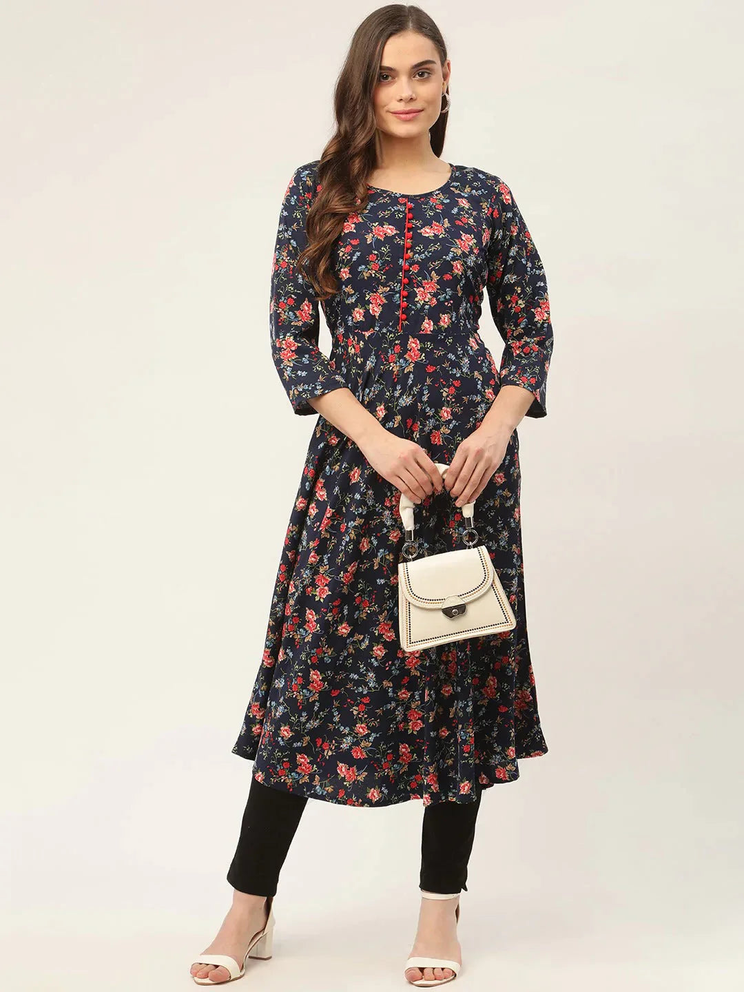 Women's Navy Blue Flared Printed kurta - Taantav