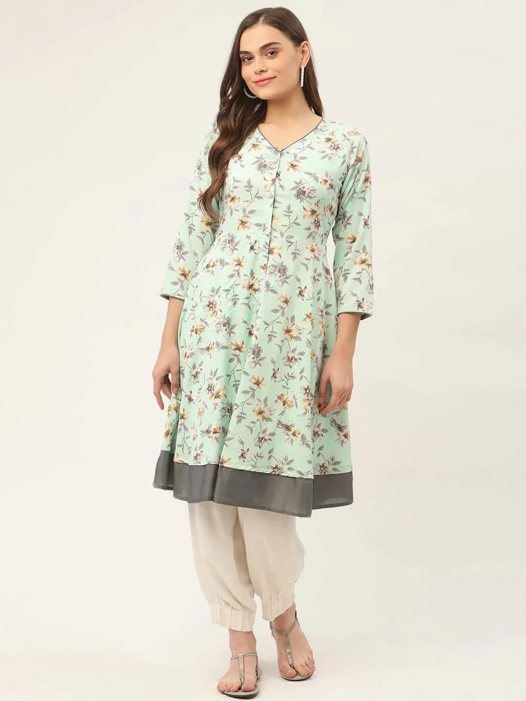 Women's Sky Blue and White Flared Printed kurta - Taantav