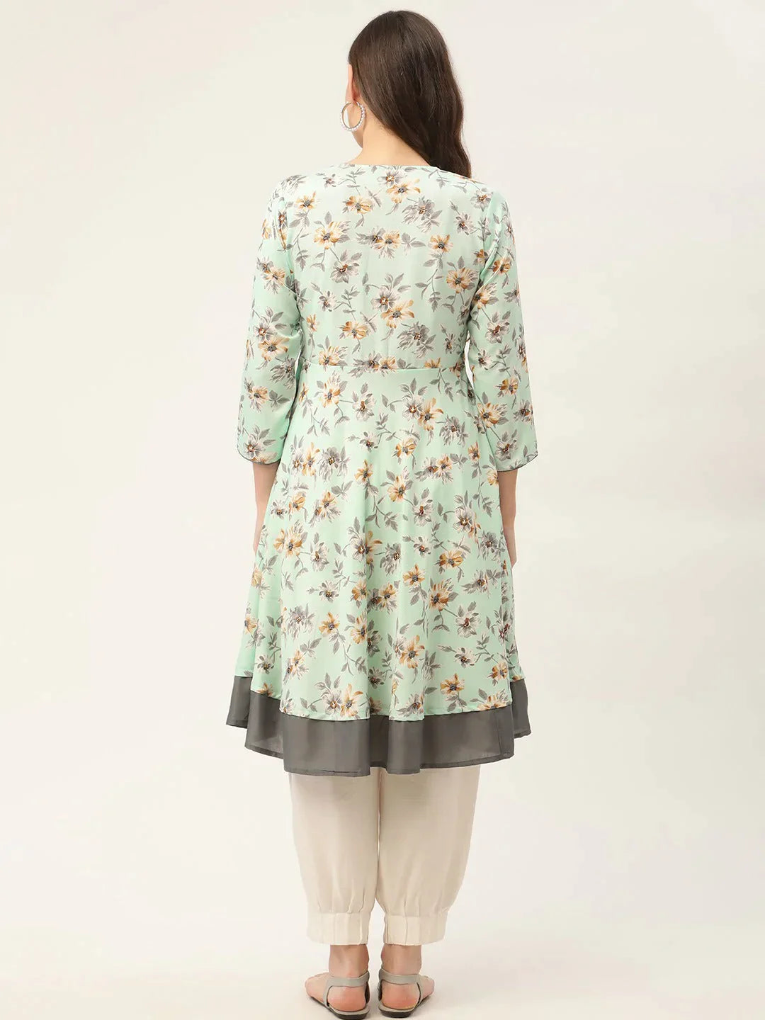 Women's Sky Blue and White Flared Printed kurta - Taantav