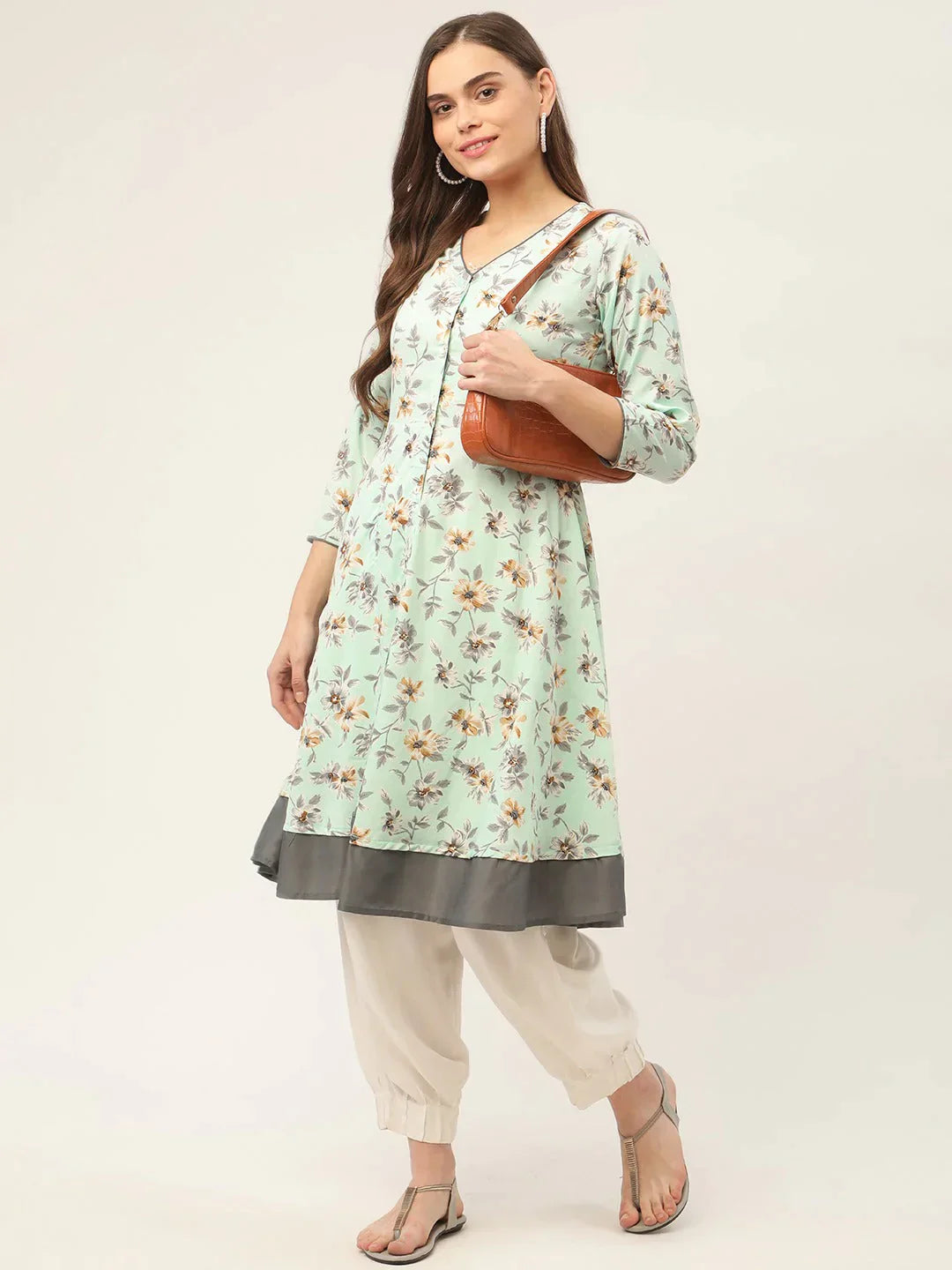 Women's Sky Blue and White Flared Printed kurta - Taantav