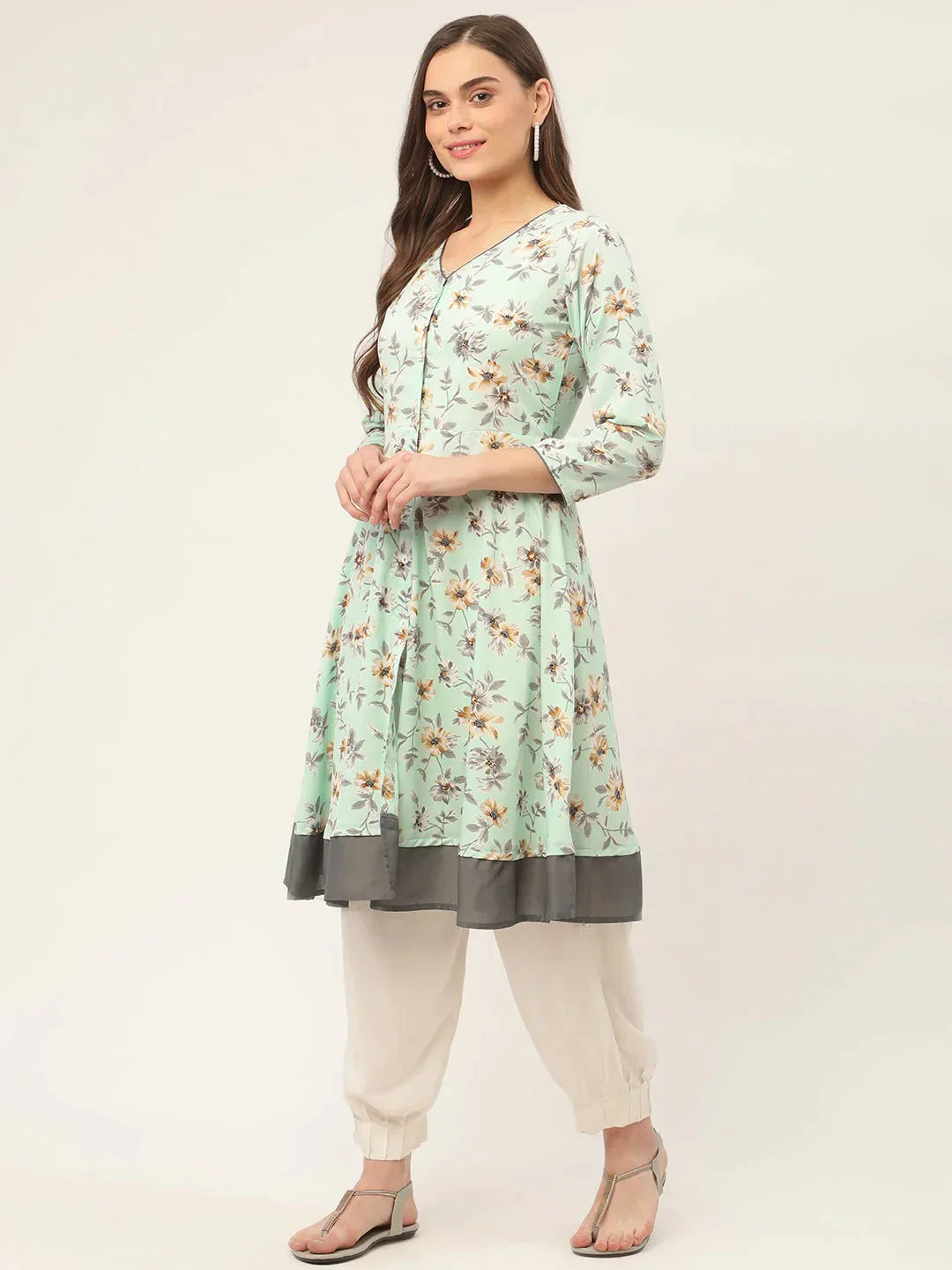 Women's Sky Blue and White Flared Printed kurta - Taantav