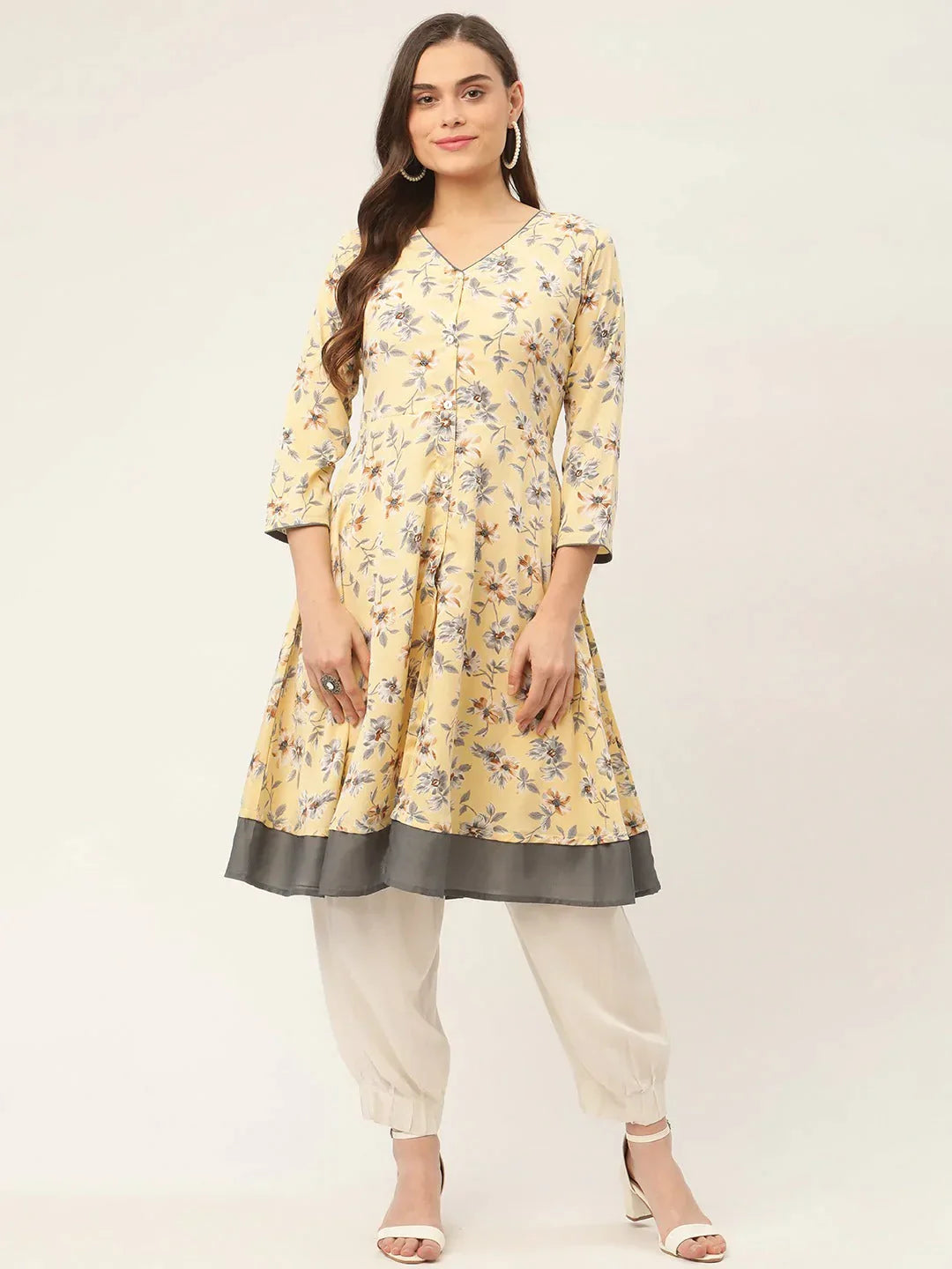 Women's Yellow and White Flared Printed kurta - Taantav