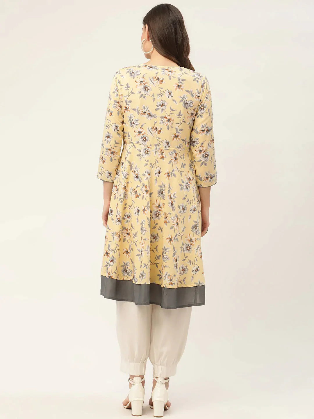 Women's Yellow and White Flared Printed kurta - Taantav