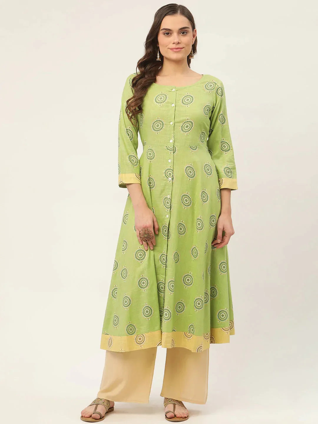 Women's Green Cotton Blend Flared Printed kurta - Taantav