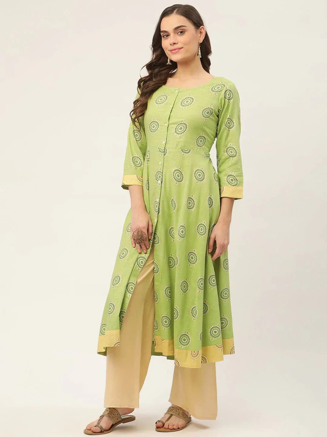 Women's Green Cotton Blend Flared Printed kurta - Taantav