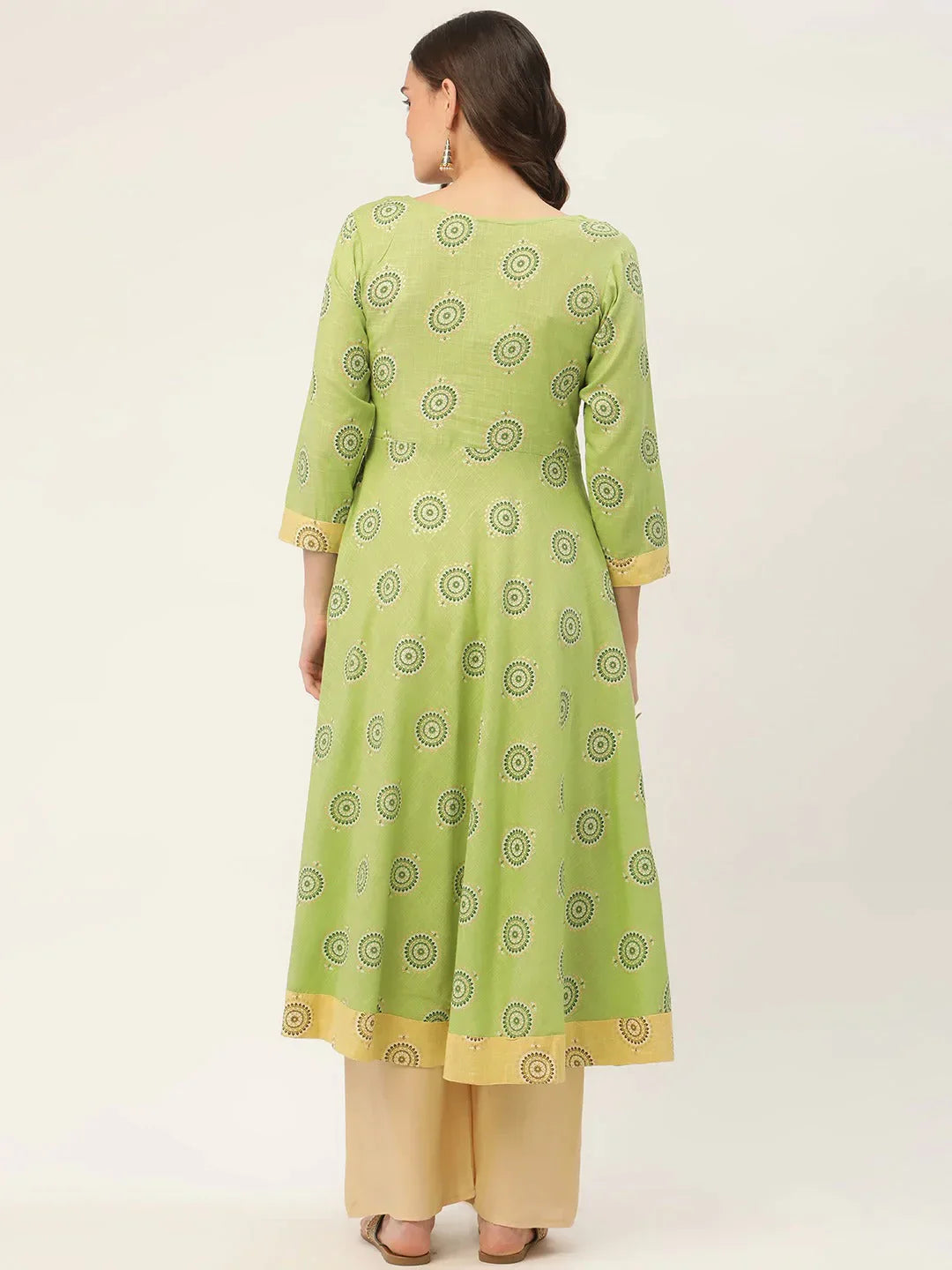 Women's Green Cotton Blend Flared Printed kurta - Taantav