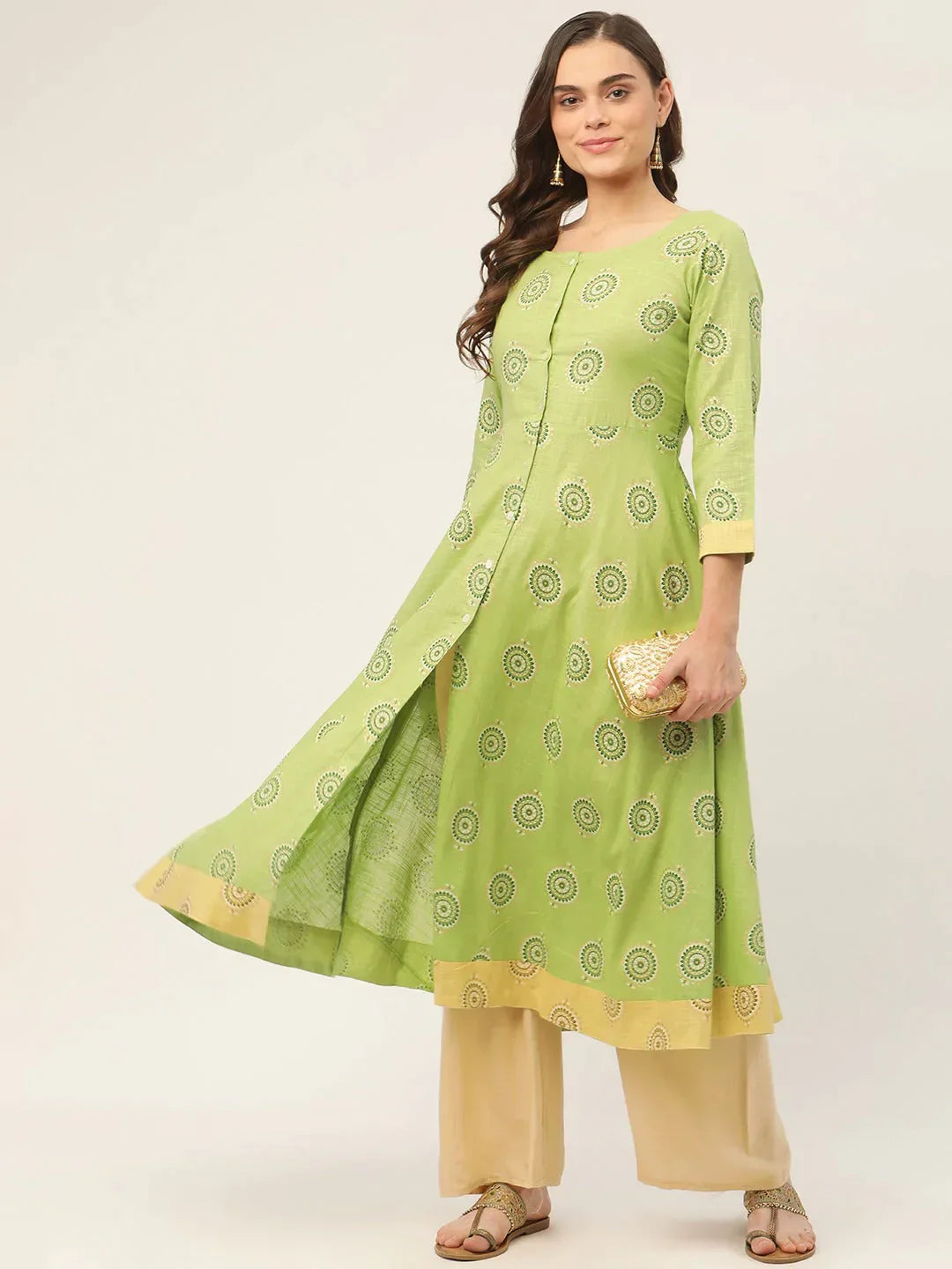 Women's Green Cotton Blend Flared Printed kurta - Taantav