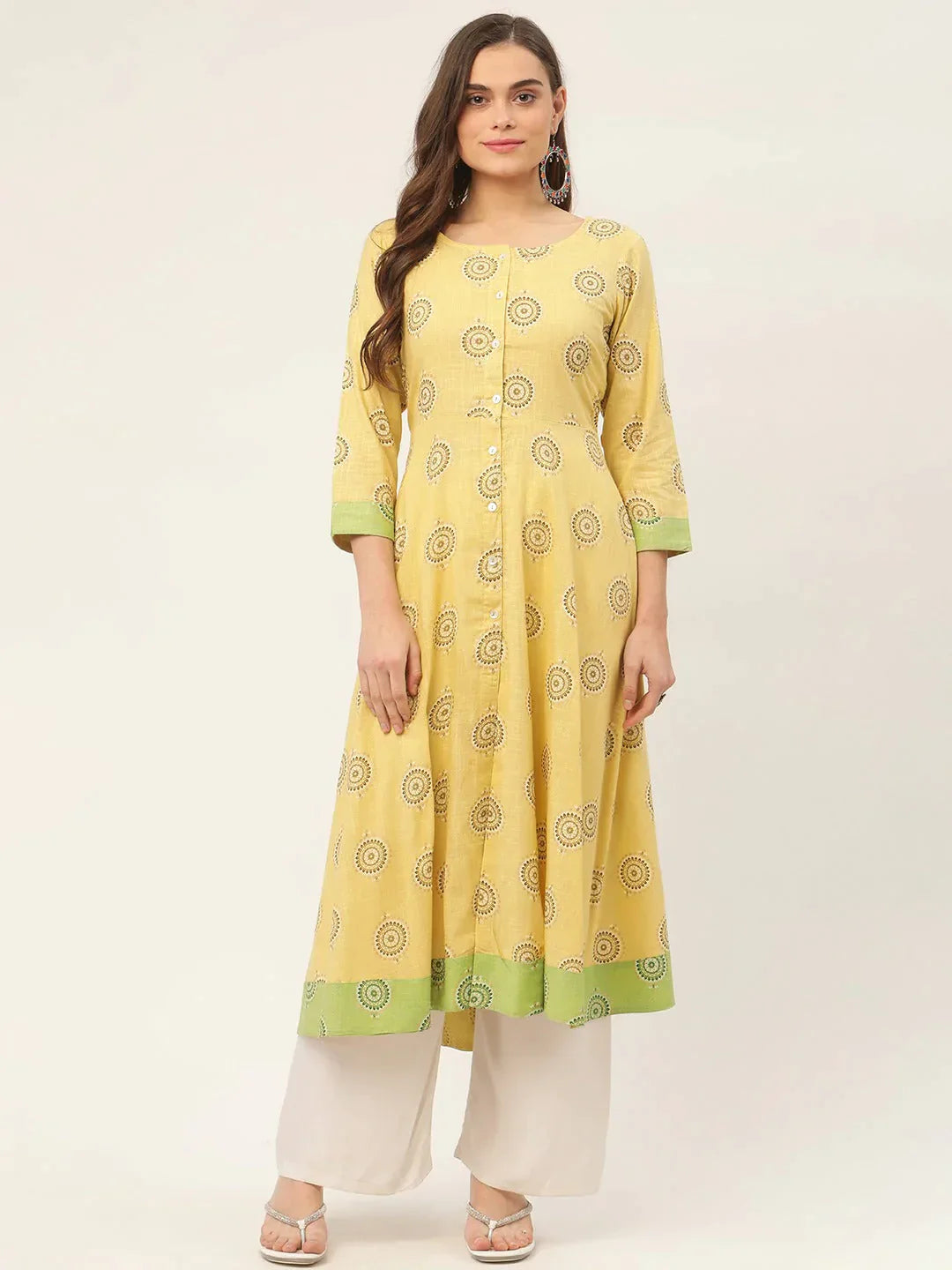 Women's Pista Green Cotton Blend Flared Printed kurta - Taantav