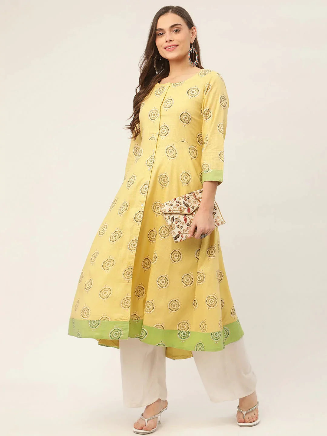 Women's Pista Green Cotton Blend Flared Printed kurta - Taantav