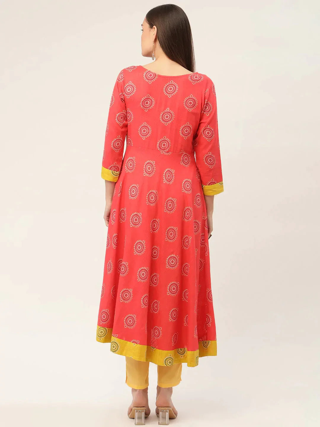 Women's Red and Yellow Cotton Blend Flared Printed kurta - Taantav