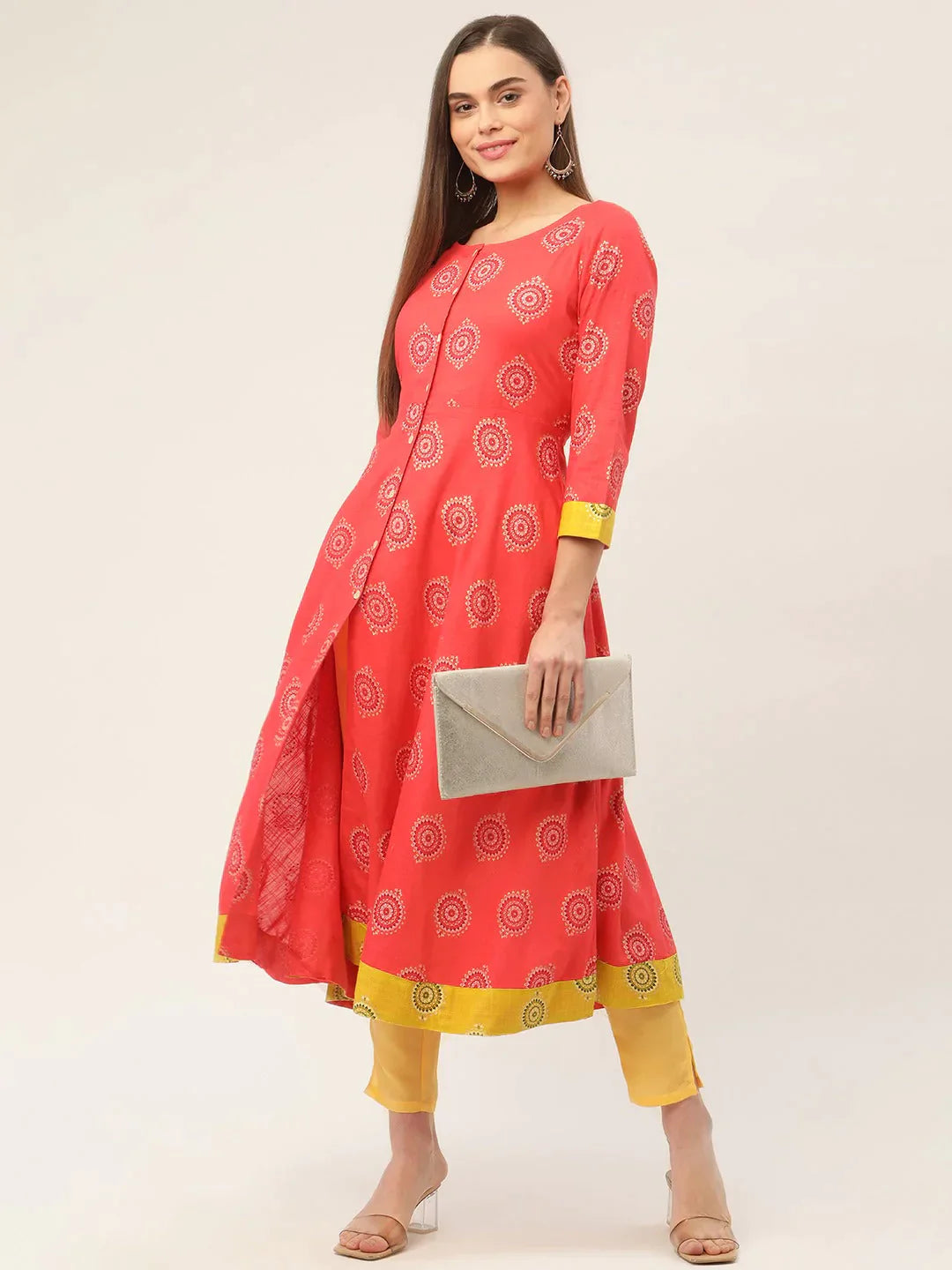 Women's Red and Yellow Cotton Blend Flared Printed kurta - Taantav