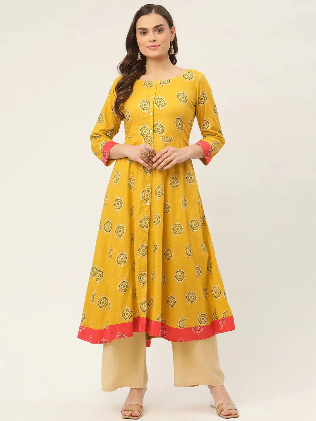 Women's Yellow and Red Cotton Blend Flared Printed kurta - Taantav