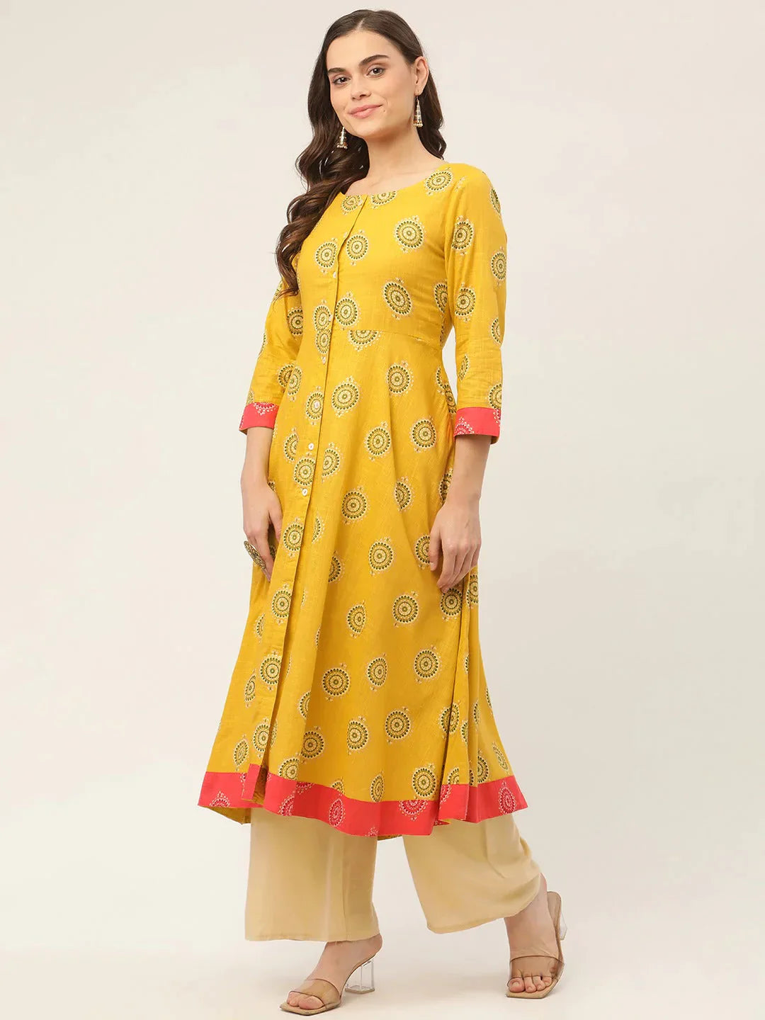 Women's Yellow and Red Cotton Blend Flared Printed kurta - Taantav