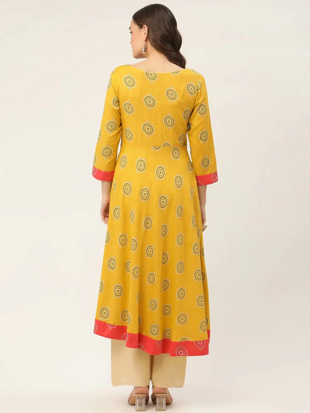 Women's Yellow and Red Cotton Blend Flared Printed kurta - Taantav