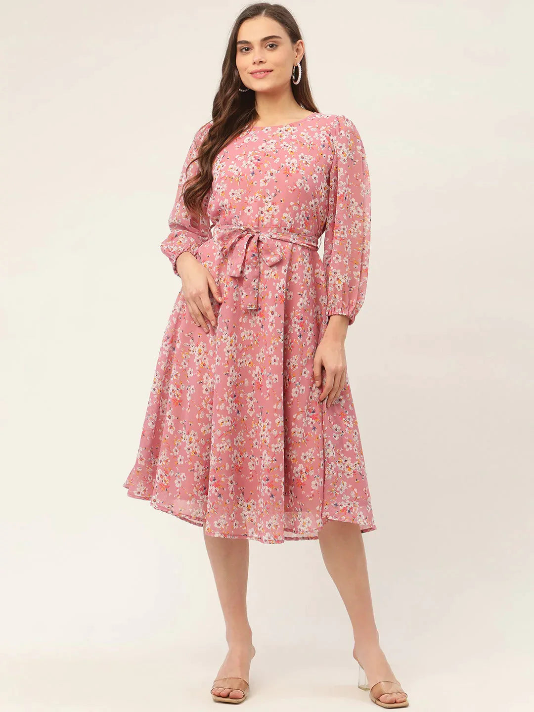 Women's Pink & White Georgette Floral Printed Kurta - Taantav