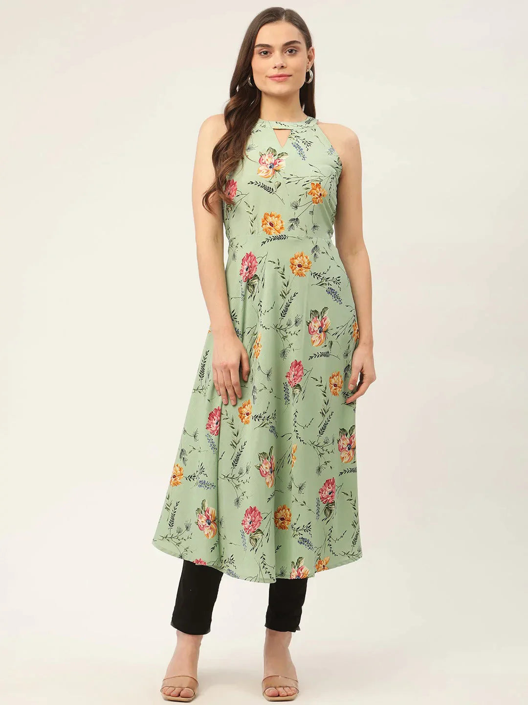 Women's Green Floral Print Anarkali Kurta - Taantav