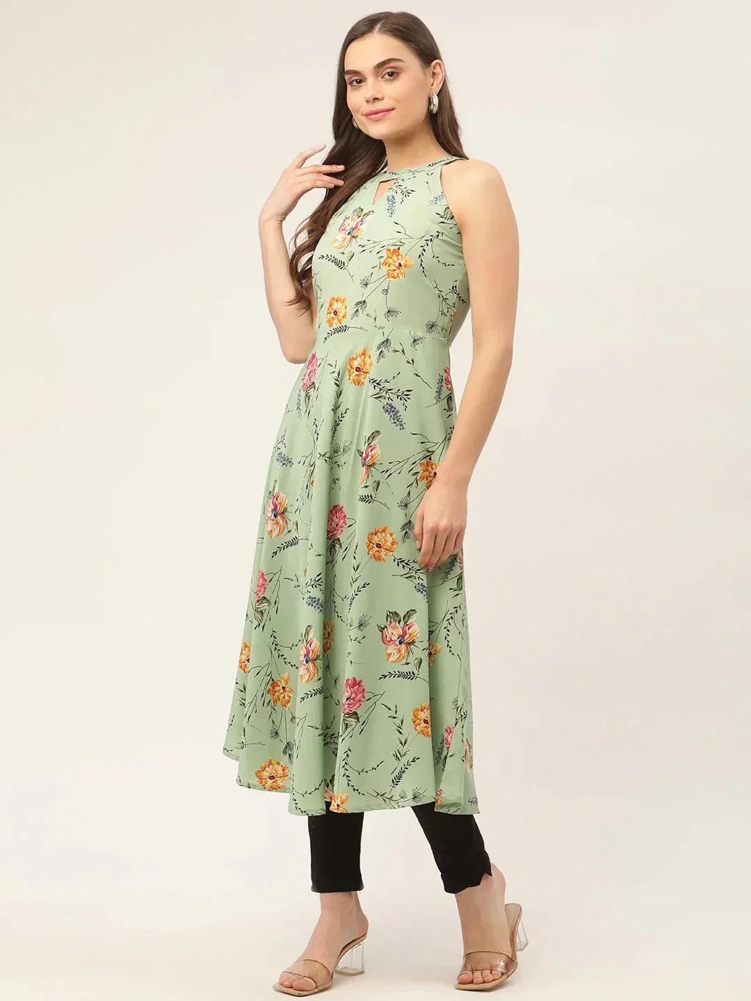 Women's Green Floral Print Anarkali Kurta - Taantav