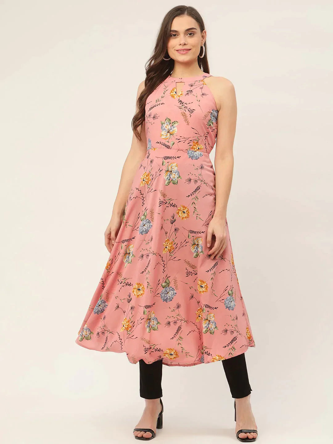 Women's Pink Floral Printed Anarkali Kurta - Taantav