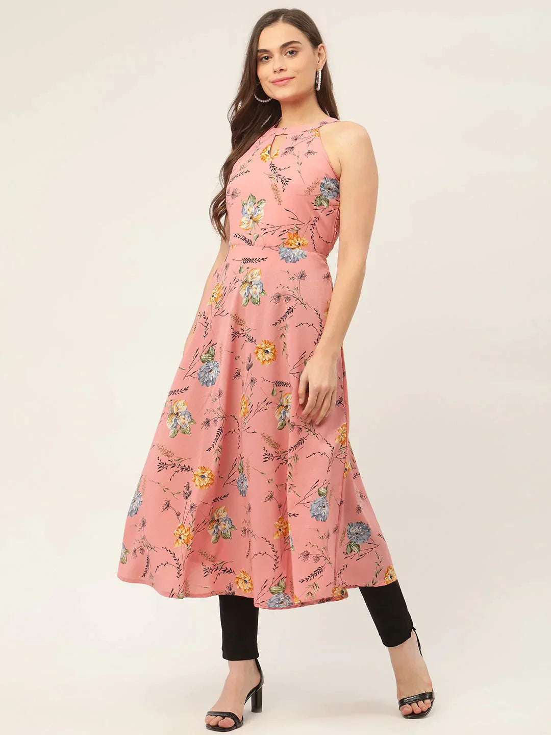 Women's Pink Floral Printed Anarkali Kurta - Taantav