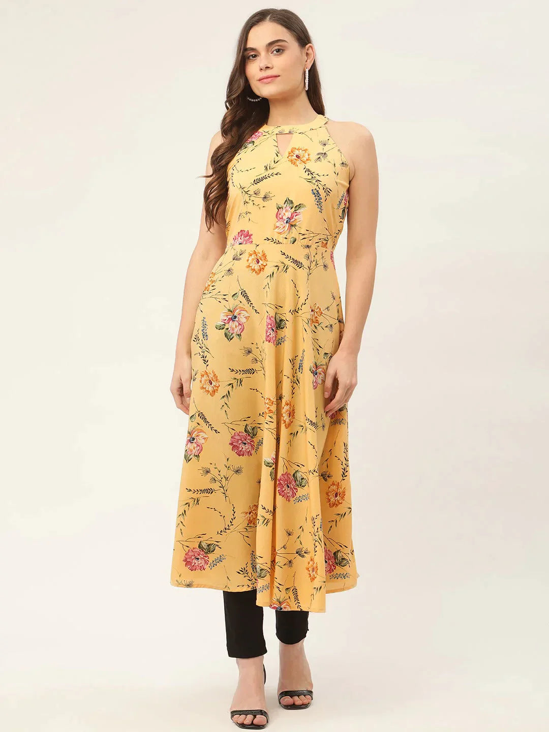 Women's Yellow & Pink Floral Printed Halter Neck Kurta - Taantav