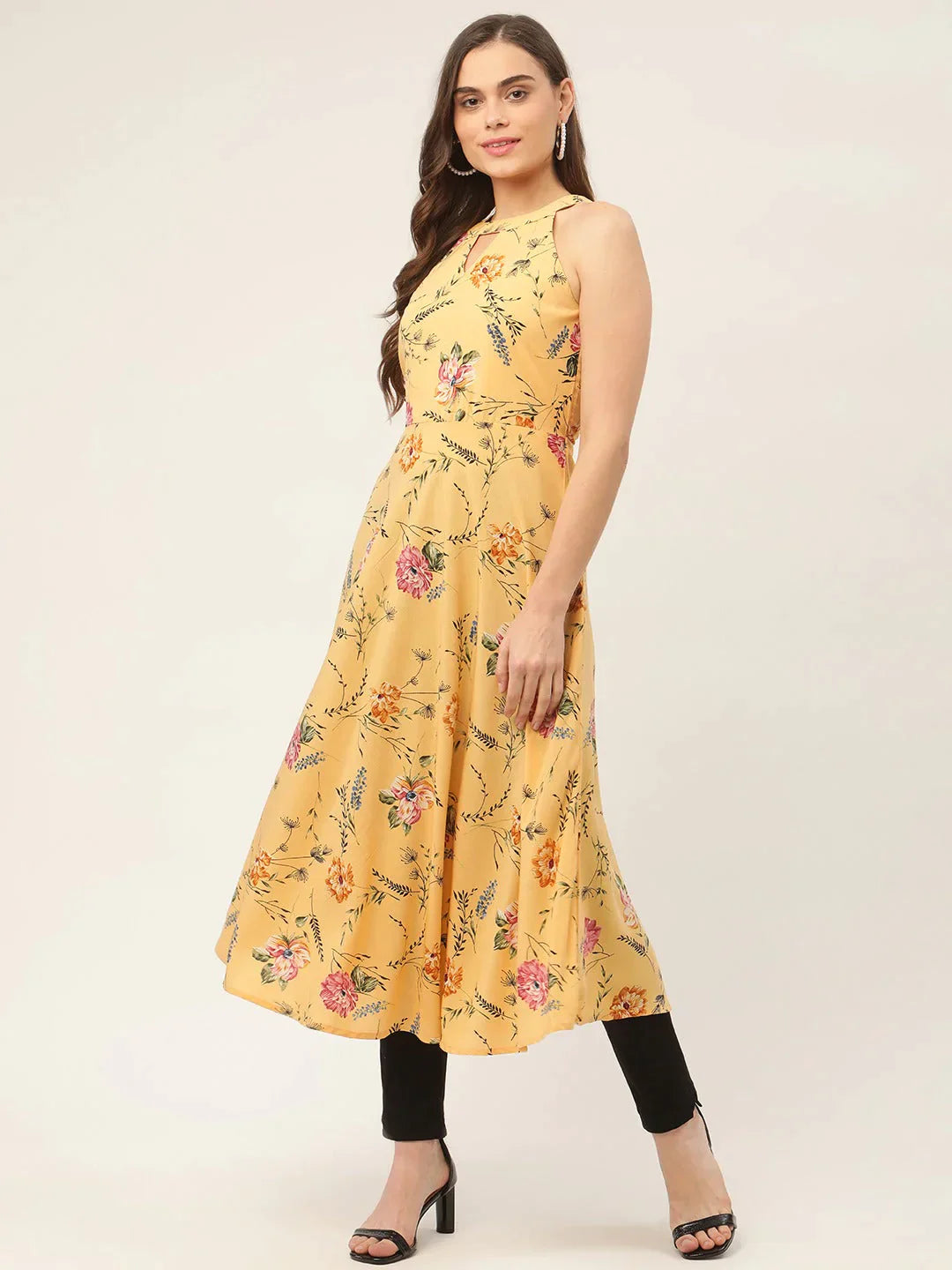 Women's Yellow & Pink Floral Printed Halter Neck Kurta - Taantav