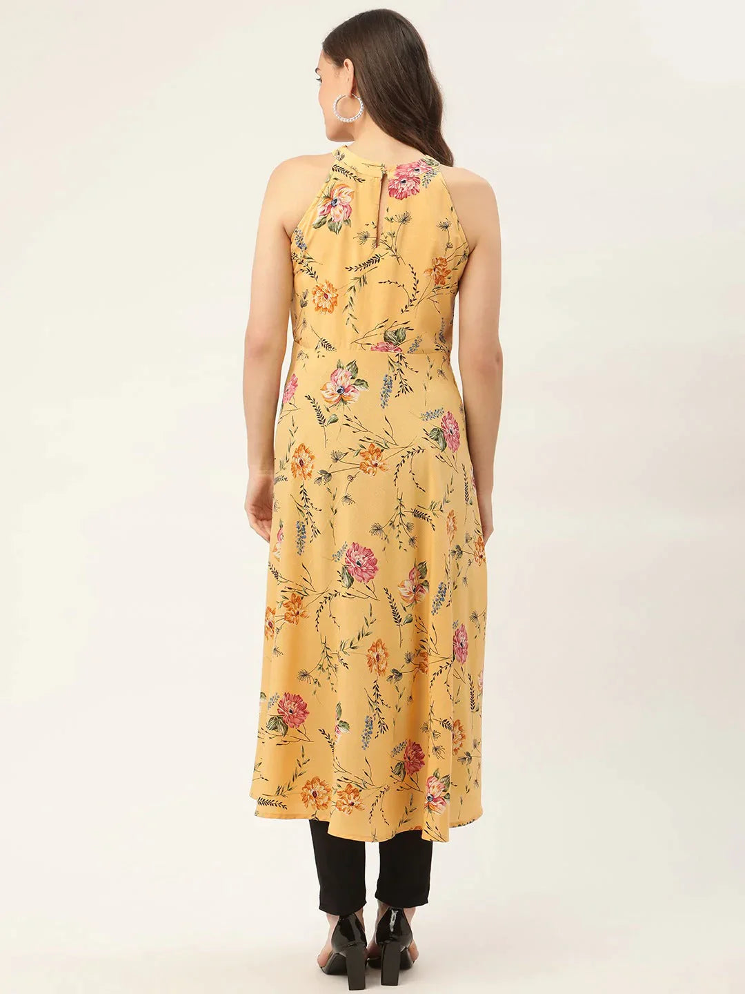 Women's Yellow & Pink Floral Printed Halter Neck Kurta - Taantav