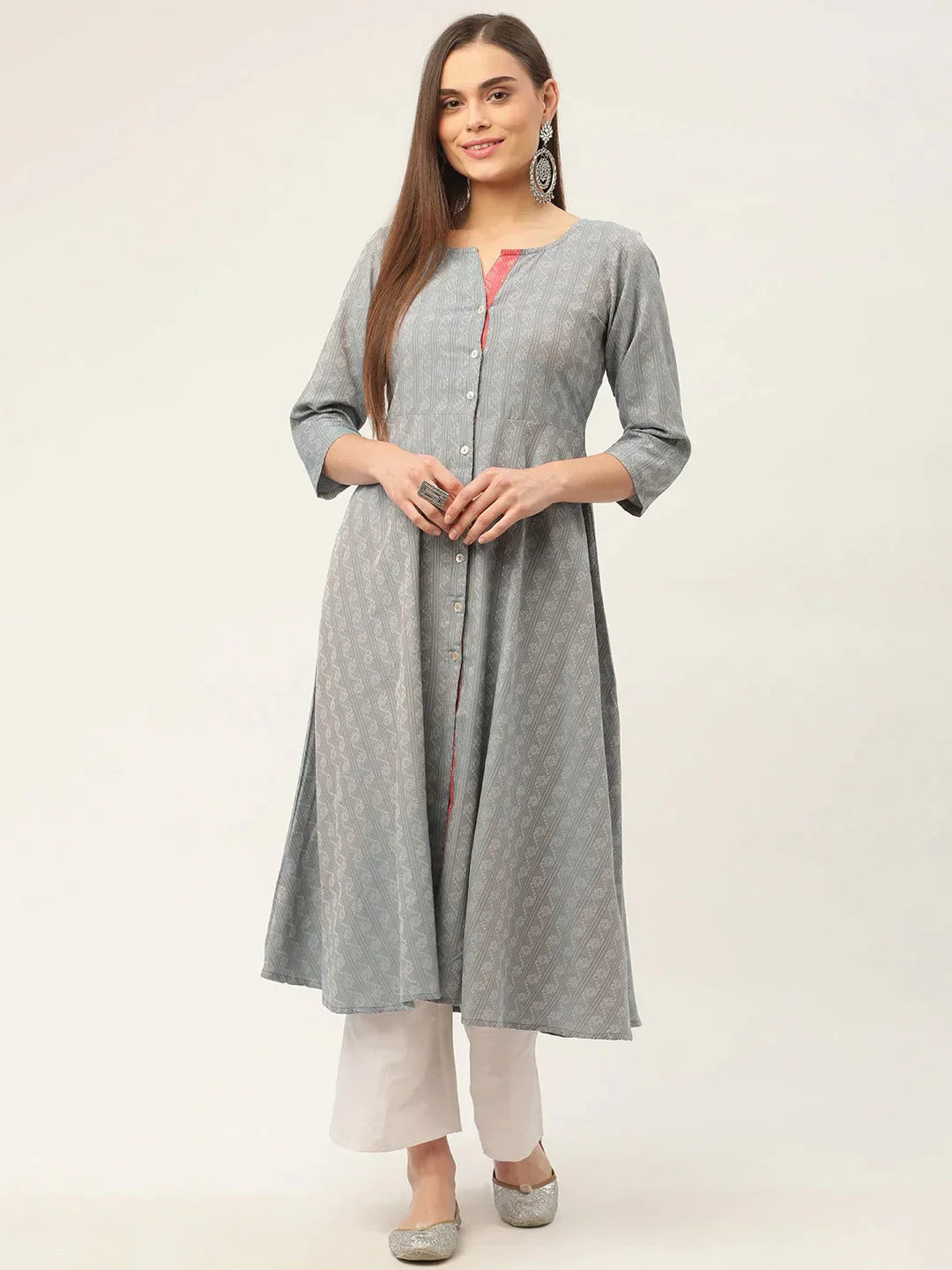 Women's Grey & Red Cotton Jacquard Geometric Printed Kurta - Taantav