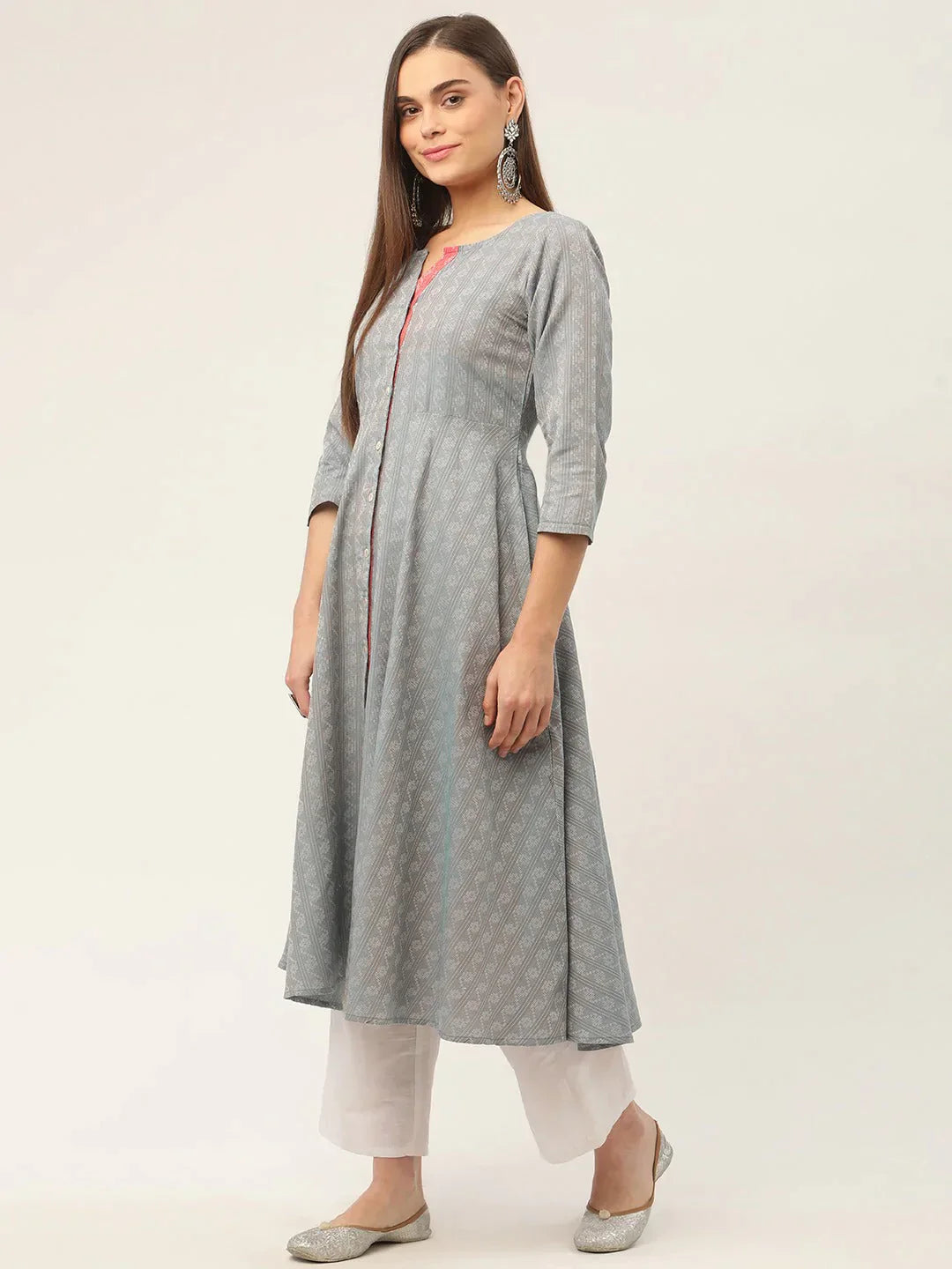 Women's Grey & Red Cotton Jacquard Geometric Printed Kurta - Taantav