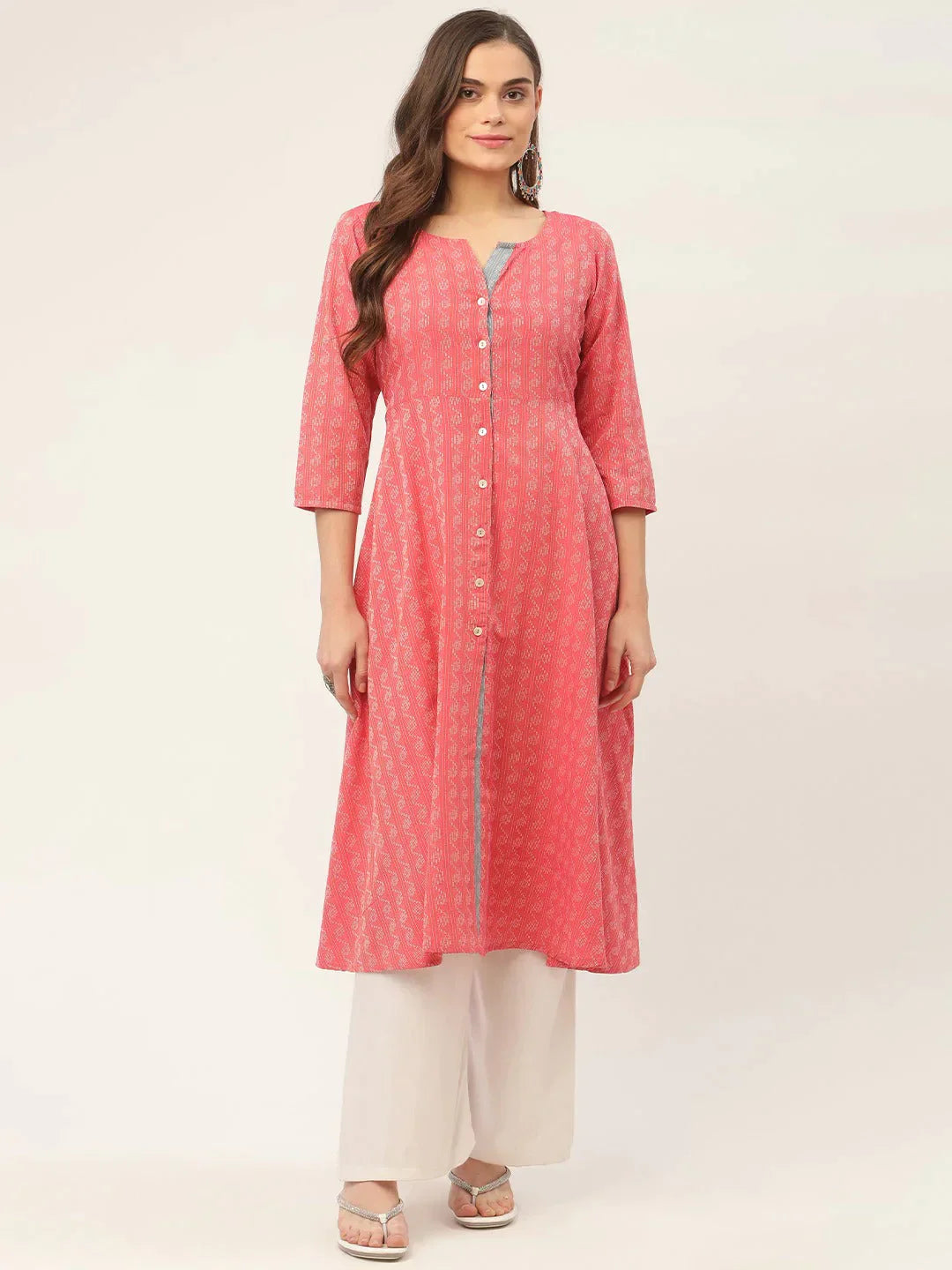 Women's Red & Grey Cotton Jacquard Geometric Printed Kurta - Taantav