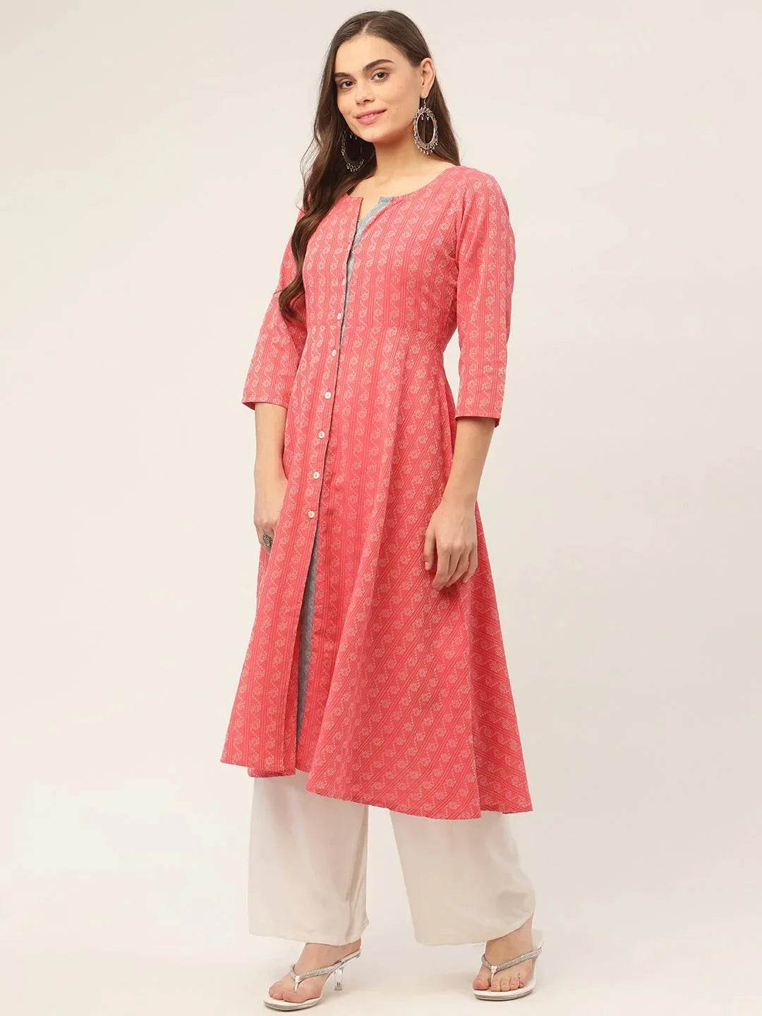 Women's Red & Grey Cotton Jacquard Geometric Printed Kurta - Taantav