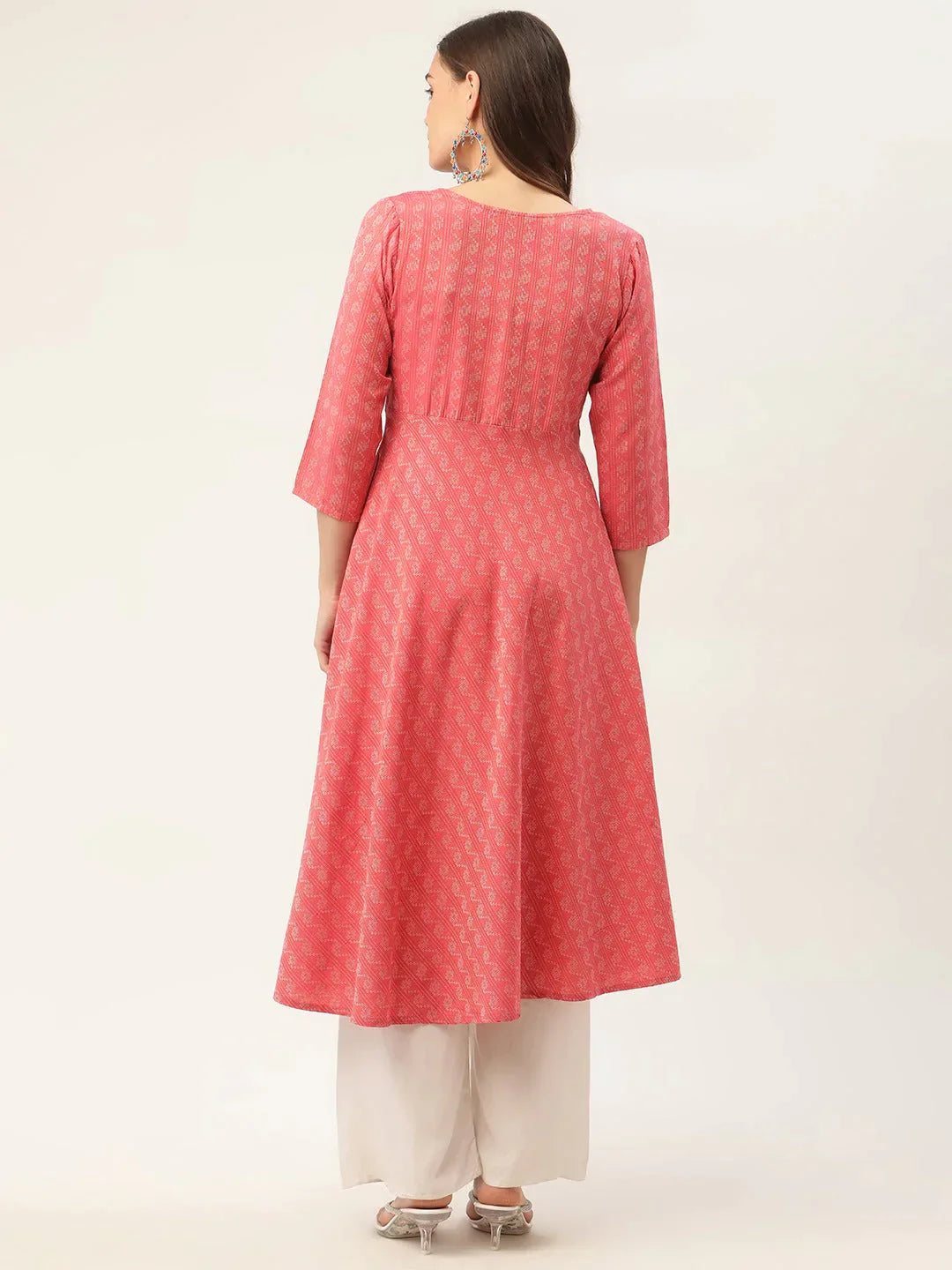 Women's Red & Grey Cotton Jacquard Geometric Printed Kurta - Taantav