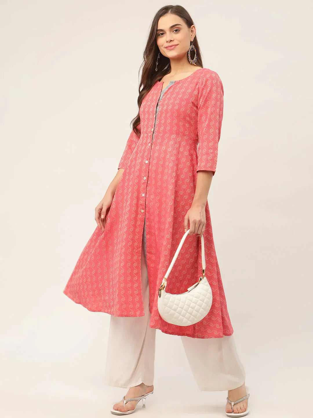 Women's Red & Grey Cotton Jacquard Geometric Printed Kurta - Taantav