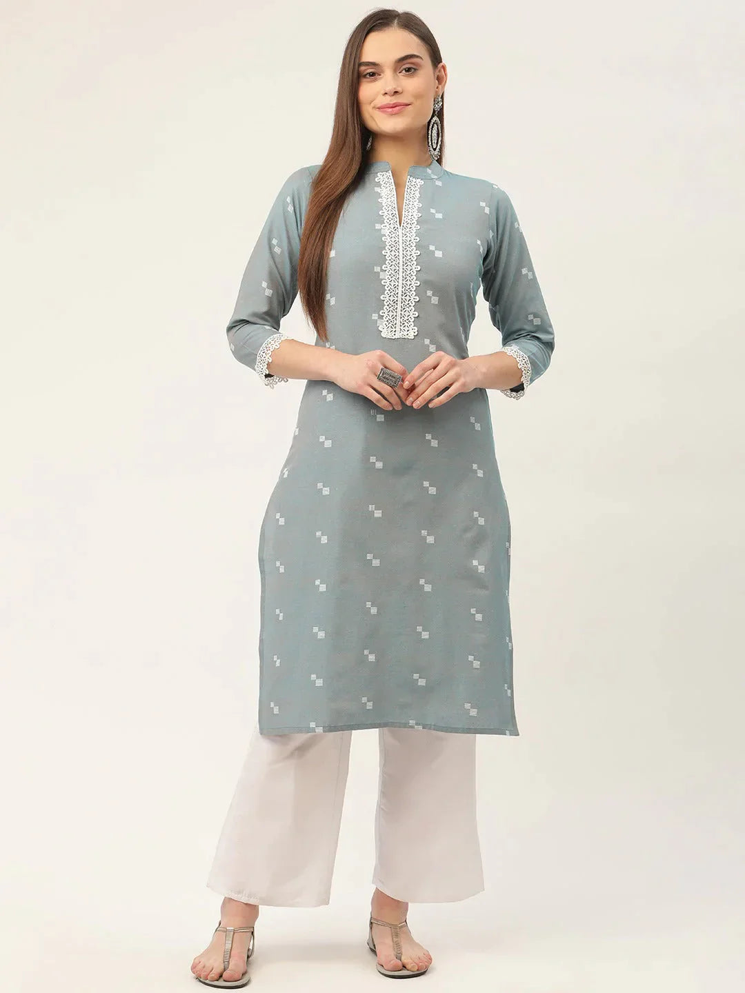 Women's Grey Cotton Jacquard Geometric Printed Kurta - Taantav