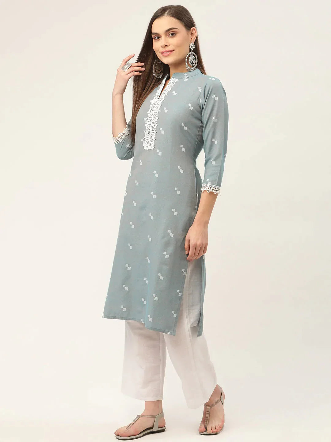 Women's Grey Cotton Jacquard Geometric Printed Kurta - Taantav