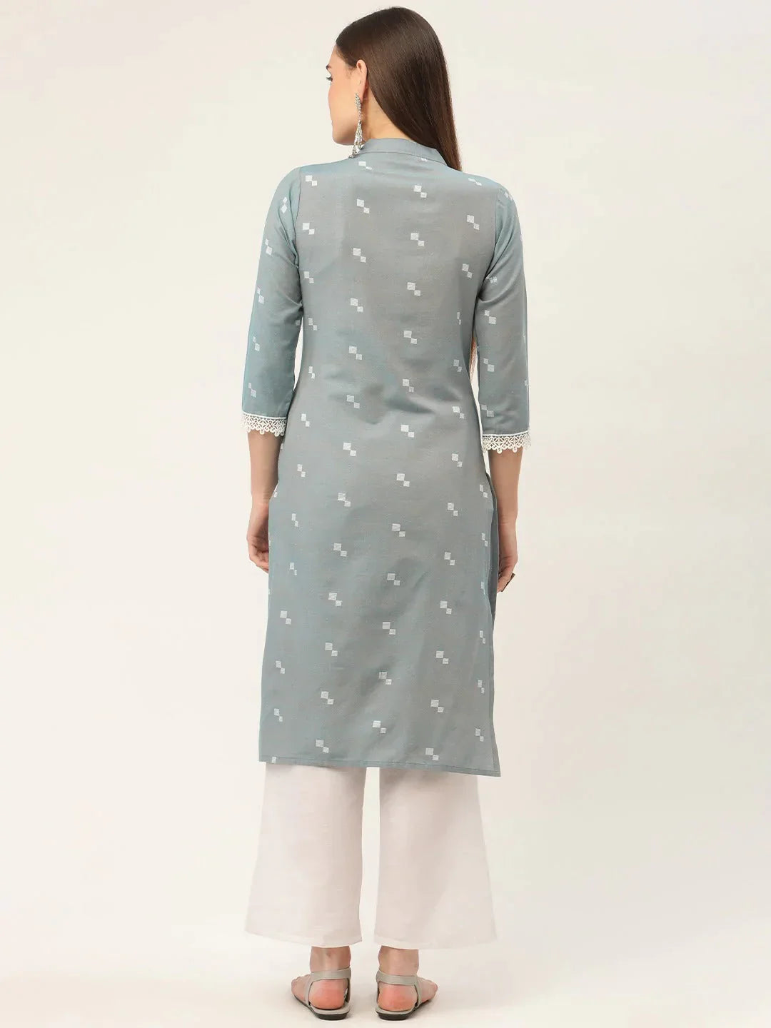 Women's Grey Cotton Jacquard Geometric Printed Kurta - Taantav