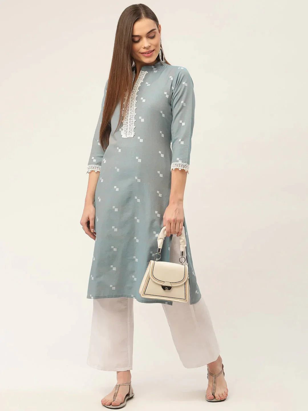 Women's Grey Cotton Jacquard Geometric Printed Kurta - Taantav