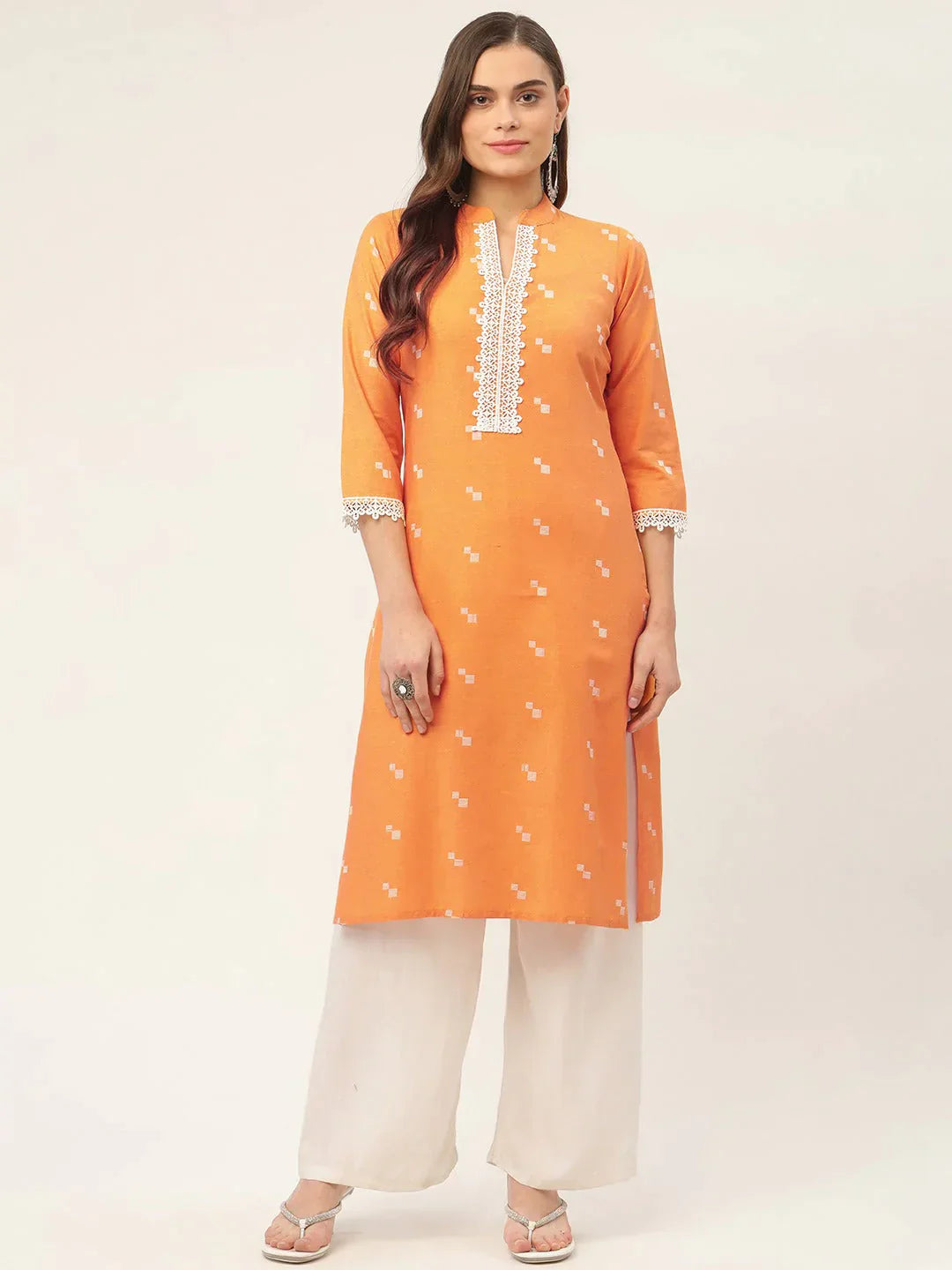 Women's Orange Cotton Jacquard Geometric Printed Kurta - Taantav