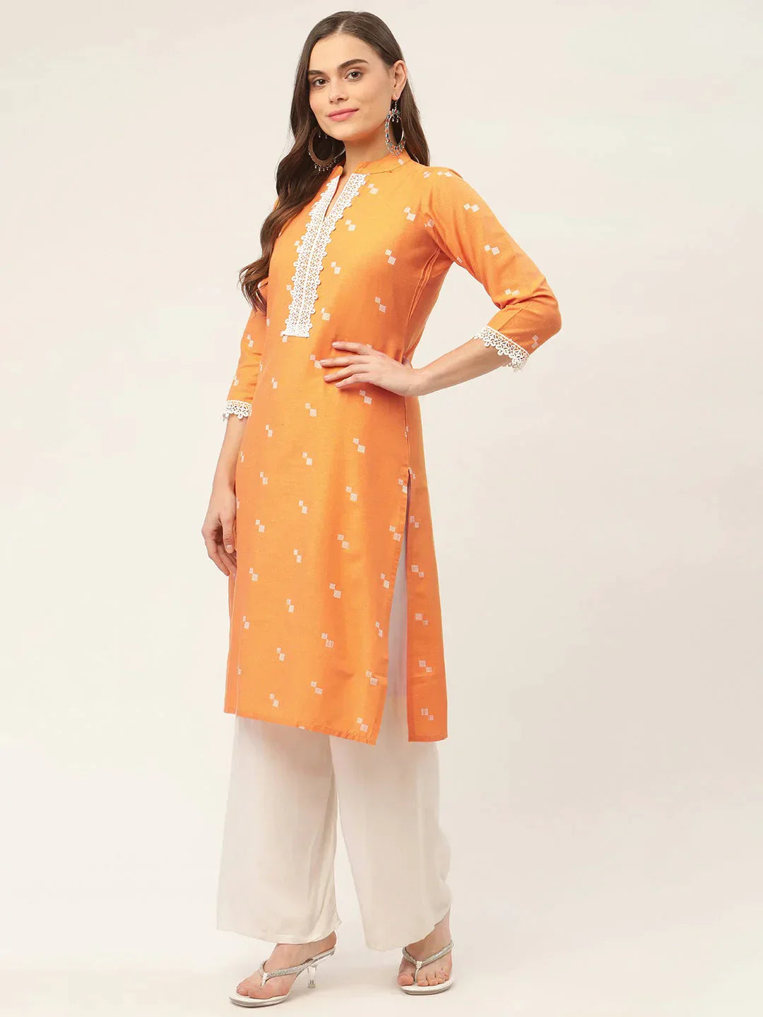 Women's Orange Cotton Jacquard Geometric Printed Kurta - Taantav