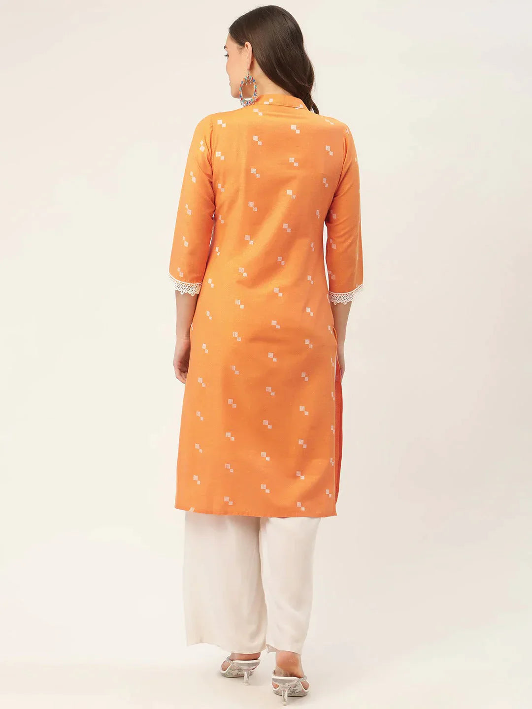 Women's Orange Cotton Jacquard Geometric Printed Kurta - Taantav