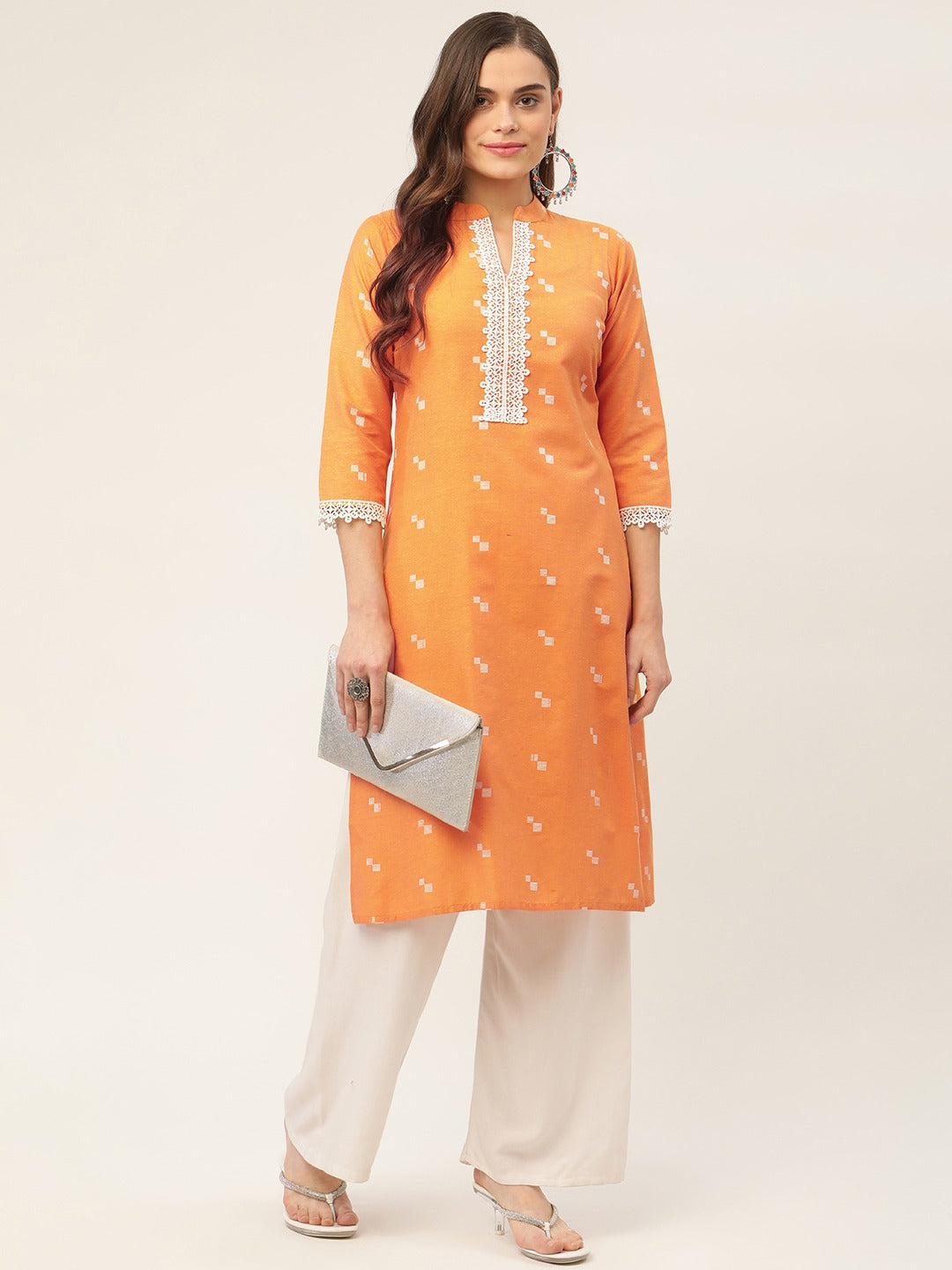 Women's Orange Cotton Jacquard Geometric Printed Kurta ( JOK 1431 Orange ) - Final Clearance Sale