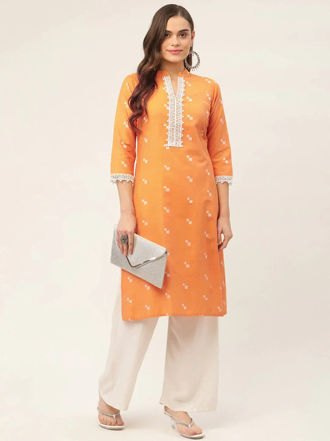 Women's Orange Cotton Jacquard Geometric Printed Kurta - Taantav