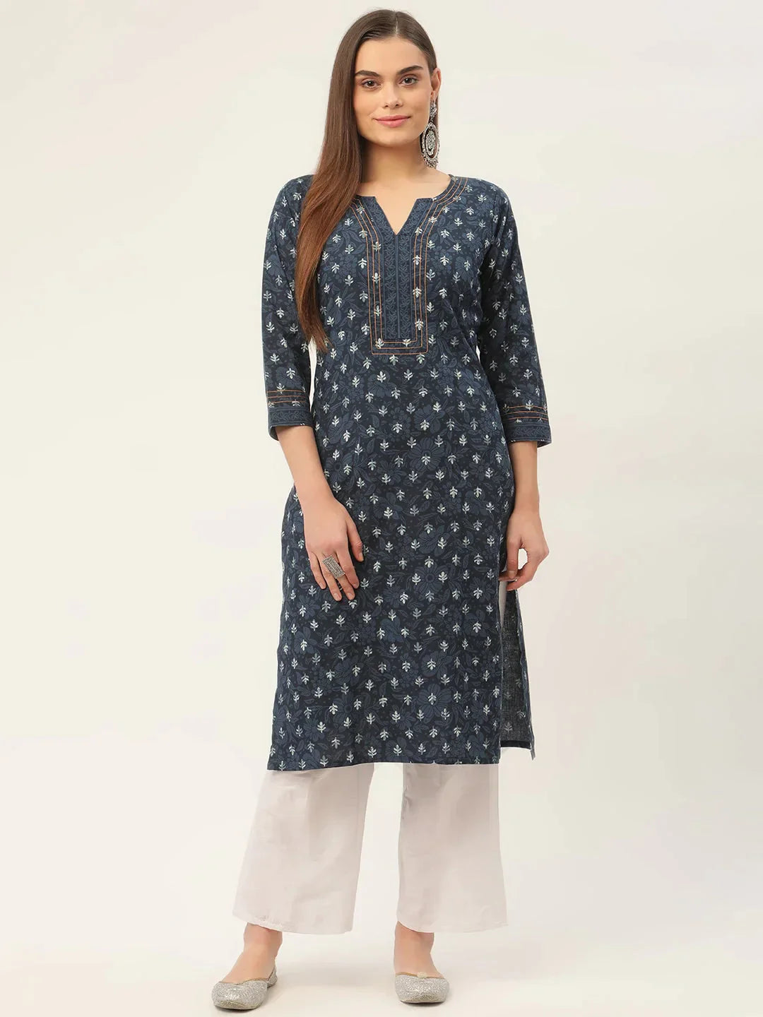 Women's Indigo Blue Pure Cotton Floral Printed Kurtas - Taantav