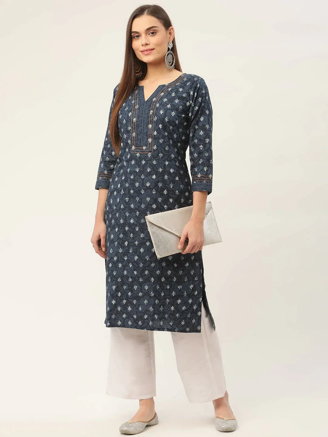 Women's Indigo Blue Pure Cotton Floral Printed Kurtas - Taantav