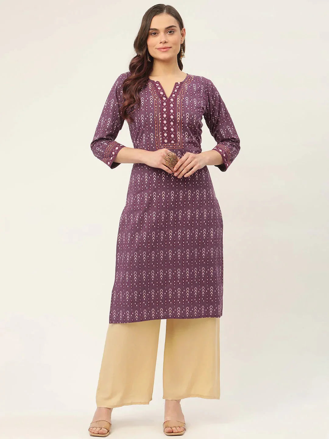 Women's Purple Pure Cotton Ikat Printed Kurtas - Taantav