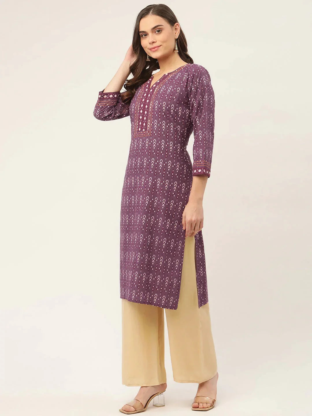 Women's Purple Pure Cotton Ikat Printed Kurtas - Taantav