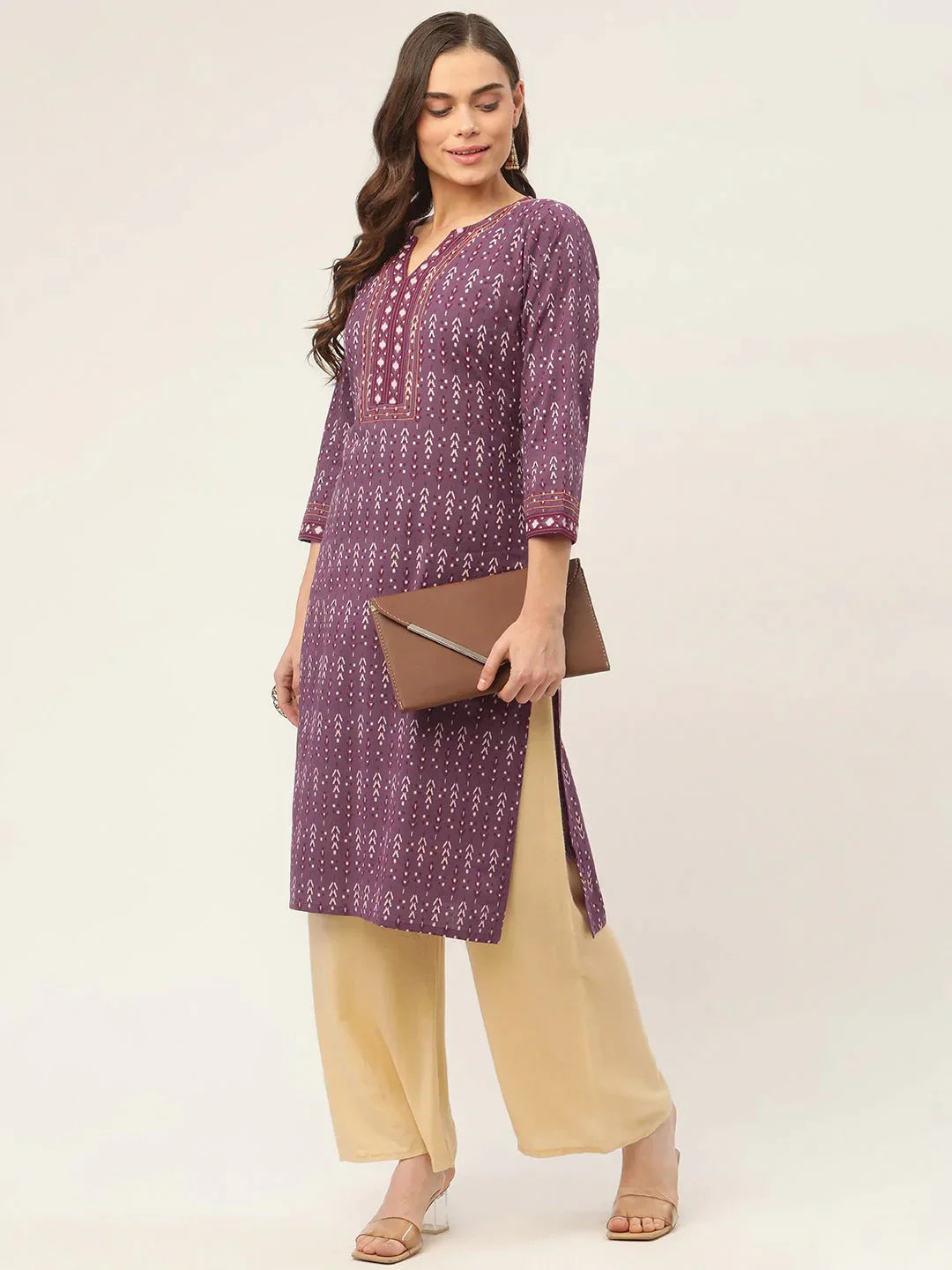 Women's Purple Pure Cotton Ikat Printed Kurtas - Taantav