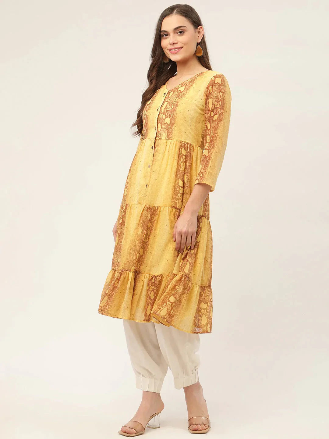 Women's Mustard Georgette Tiger Printed Kurtas - Taantav