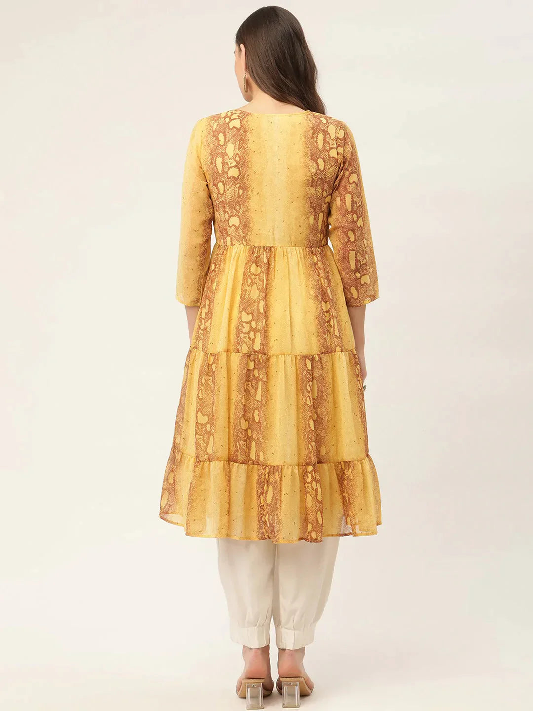 Women's Mustard Georgette Tiger Printed Kurtas - Taantav