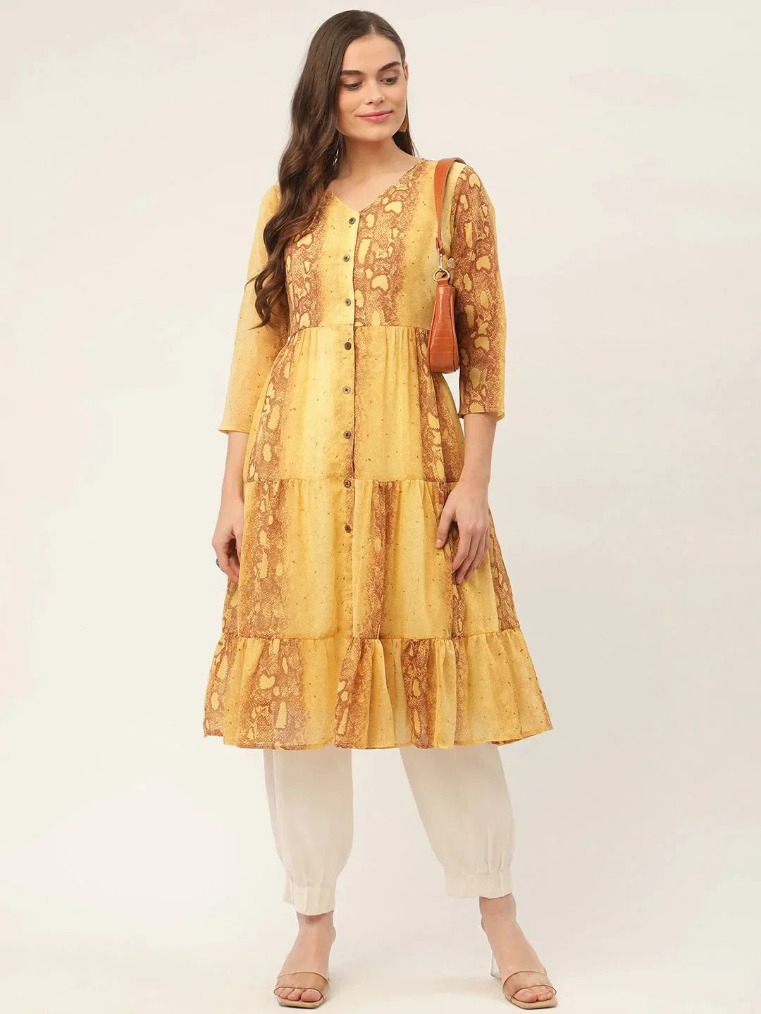 Women's Mustard Georgette Tiger Printed Kurtas - Taantav